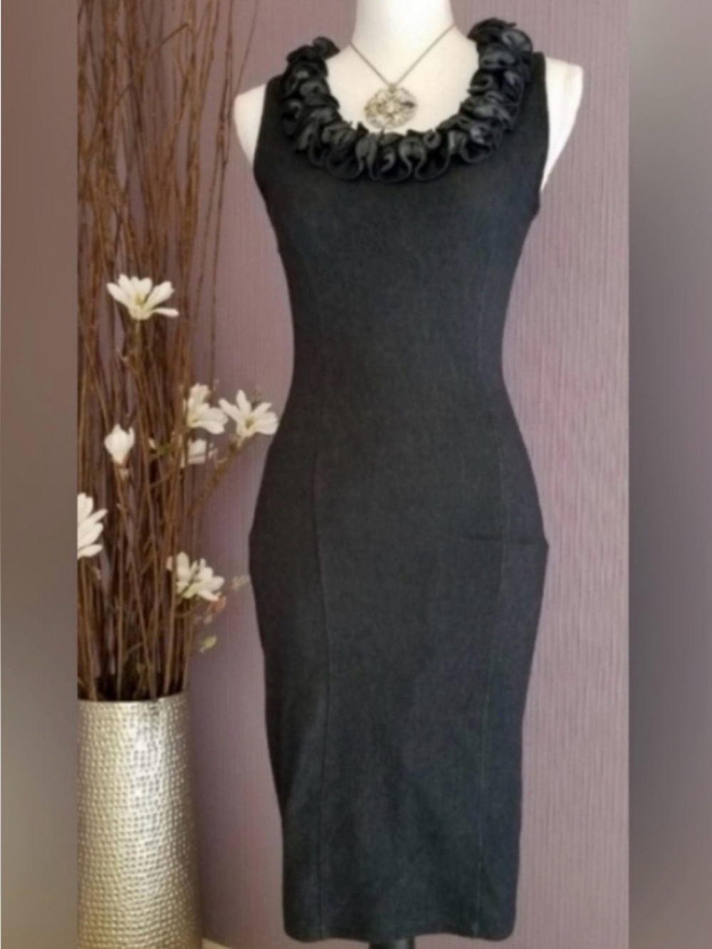 Sexy Sleeveless Bodycon Denim Knit Ruffle Midi Dress from Paris